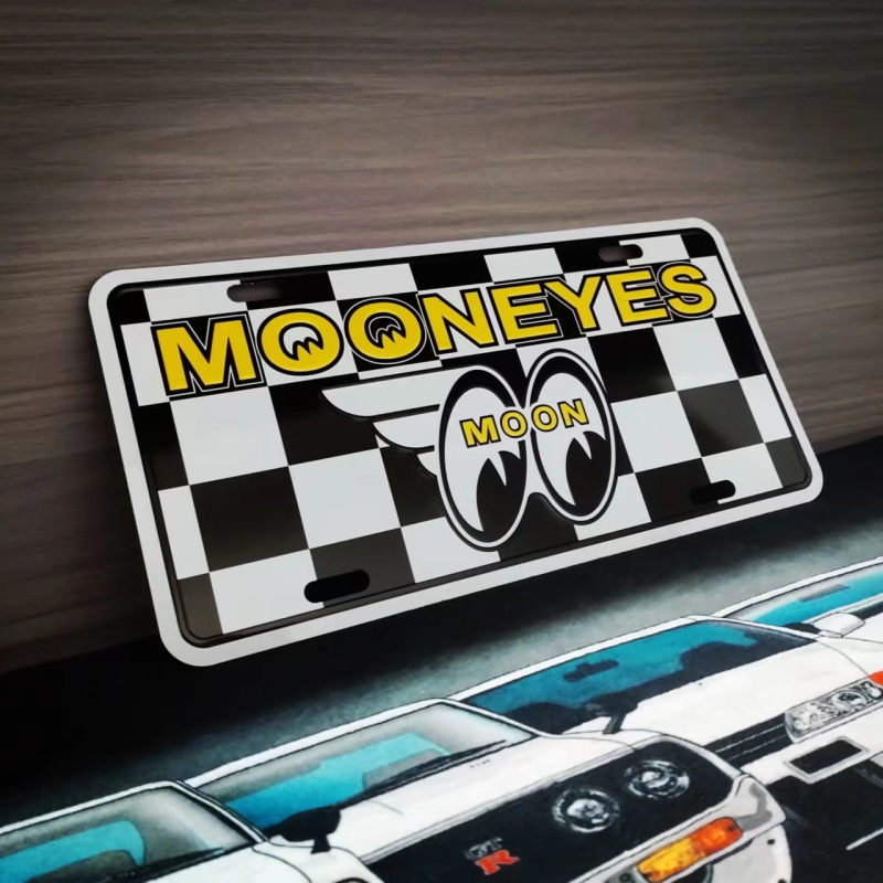 Mooneyes Big-Eyed Retro JDM plăcuță de înmatriculare, placă decorativă din aliaj de aluminiu pentru mașini și motociclete, compatibilă cu modelele JDM și ALL