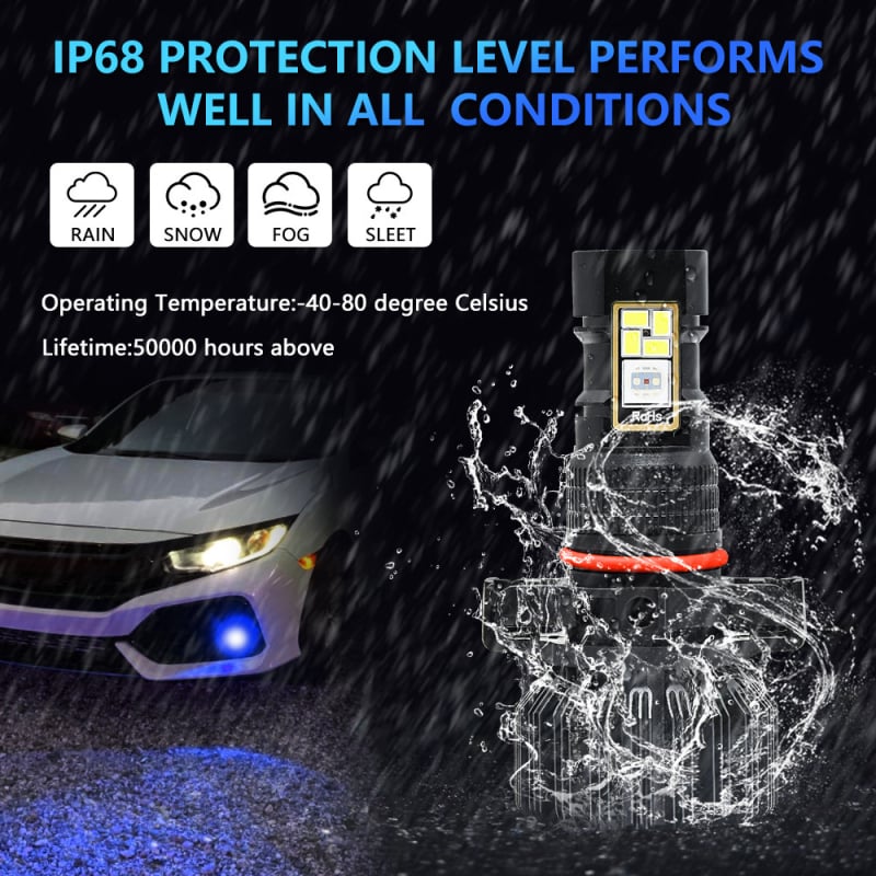 LED RGB svjetlo za maglu za automobil, 360°, 60W, 9-36V, 5000-6000 lm, 6000K, kompatibilno s 9005/9006/H8/H9/H11/H13