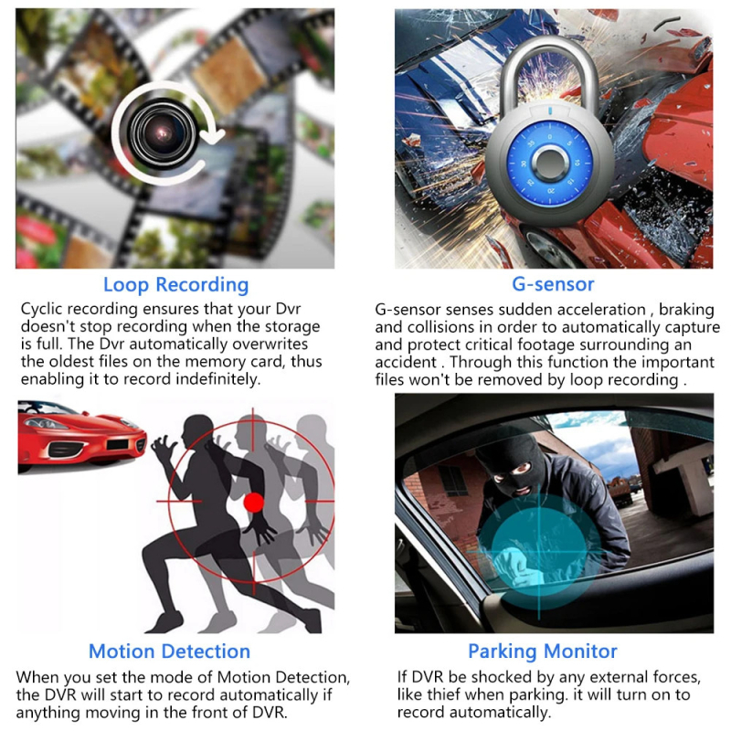 Auto DVR kolme kaameraga süsteem, 1080p video, 170° laia nurgaga, parkimise jälgimine, USB-liides