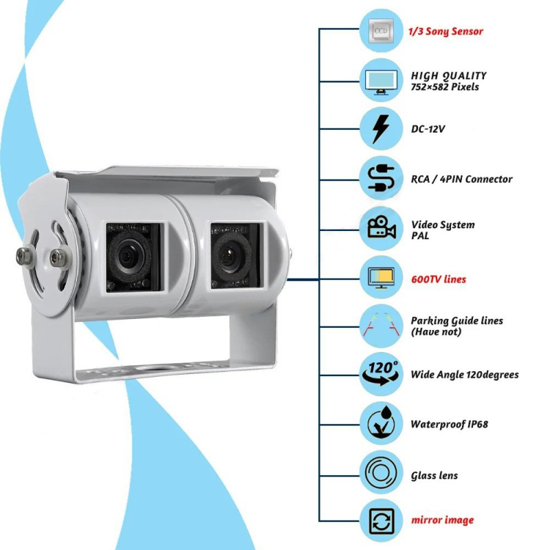 Dvostruka kamera za vožnju unatrag za vozila, podesiv kut 90–120°, 12V, rezolucija 2MP/1.3MP, CVBS/AHD, aluminijsko kućište, HD noćni vid, universalno za RV-ove, kamione i autobuse