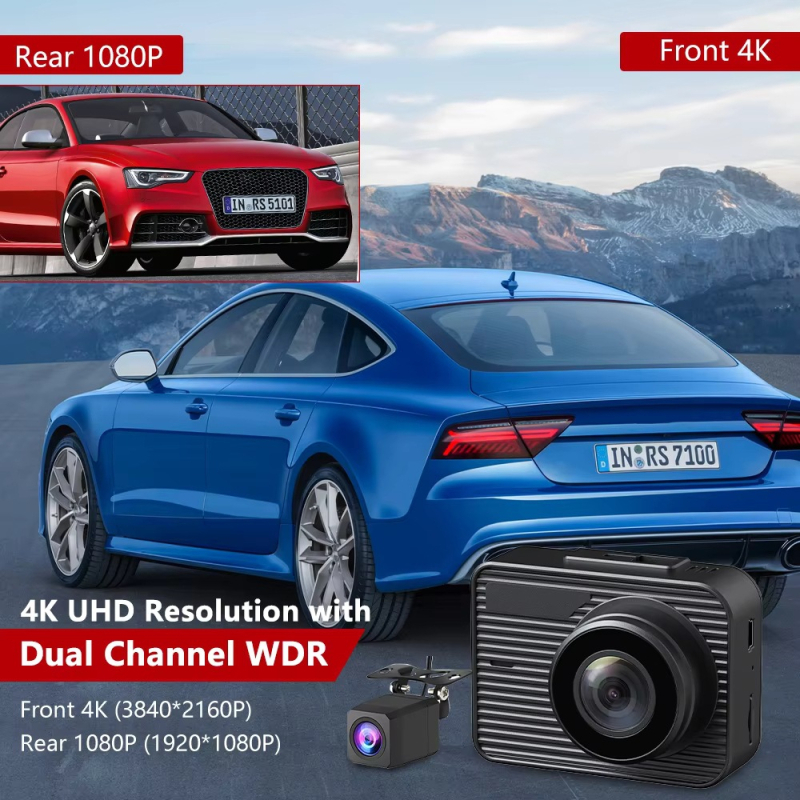 4K auto kamera ar dubultu objektīvu priekšējā un aizmugurējā, iebūvēts Wi‑Fi un GPS, 170° platuma skats, TF kartes atbalsts līdz 256 GB, 2,0 collu displejs