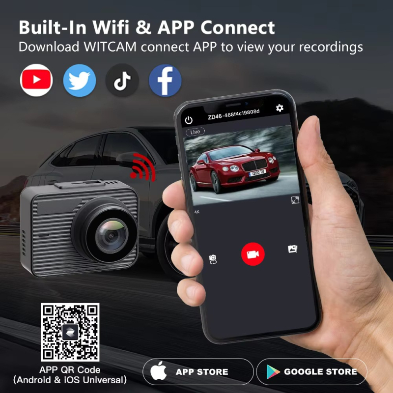 4K auto kamera ar dubultu objektīvu priekšējā un aizmugurējā, iebūvēts Wi‑Fi un GPS, 170° platuma skats, TF kartes atbalsts līdz 256 GB, 2,0 collu displejs