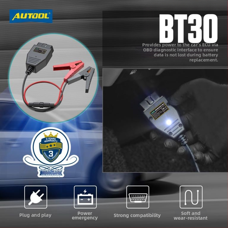 AUTOOL BT-30 Automašīnas OBD akumulatora kabelis ar ECU ārkārtas barošanu, 12V, OBDII standarts, universāls