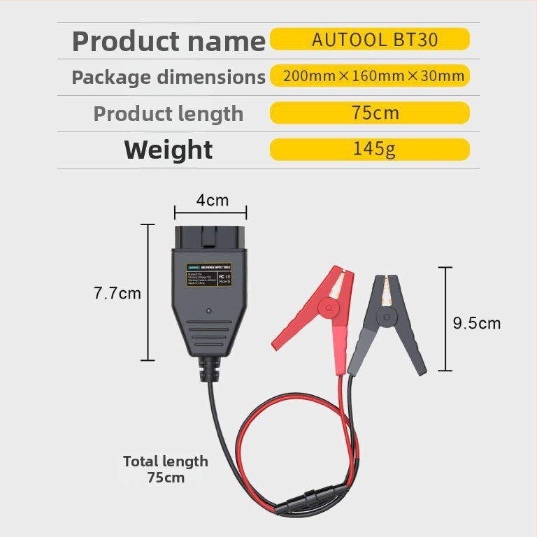 AUTOOL BT-30 Automašīnas OBD akumulatora kabelis ar ECU ārkārtas barošanu, 12V, OBDII standarts, universāls