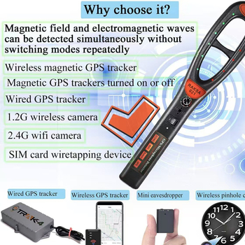 Automobil GPS detektor sa snažnim magnetnim signalom, model 007, ABS kućište, opseg detekcije 1 MHz–8 GHz, zvučna alarma
