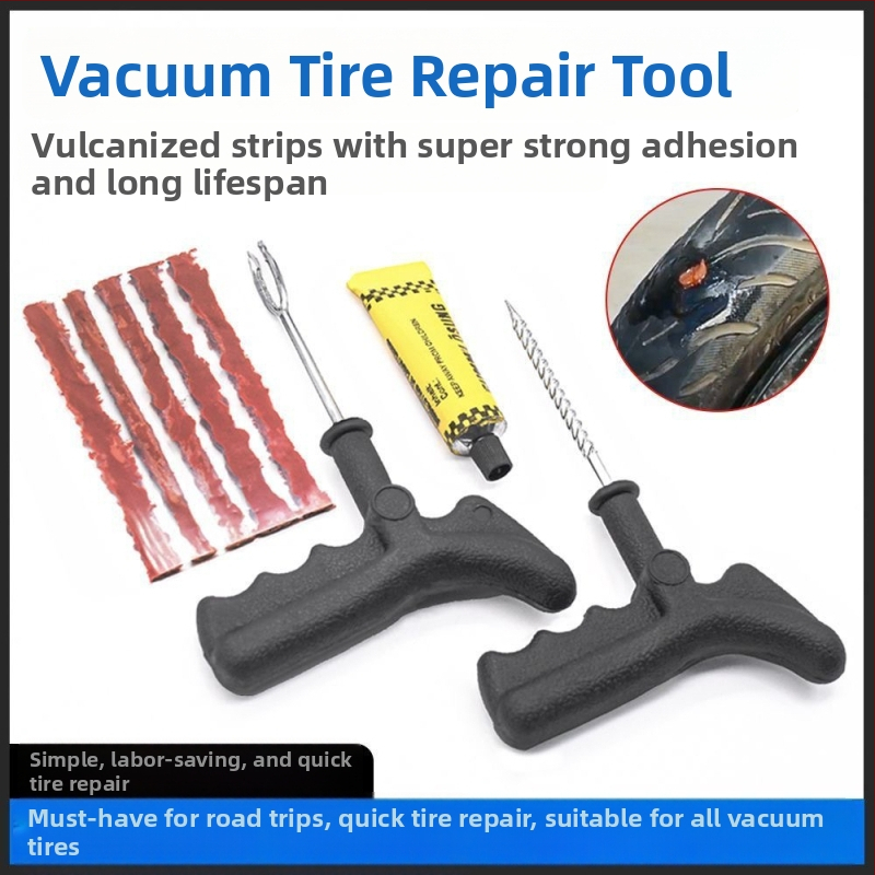 Autó- és motorkerékpár-gumi javító készlet elektromos kerékpárokhoz – vas és műanyag ház, gyorsjavító szalagok és folyékony ragasztó
