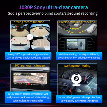 Autóba szerelt 360°-os panoráma asszisztens rendszer éjjellátással, 3D hátrameneti kép és parkolási kamera, ütközés elleni védelem (anyag: műanyag üveg; eredet: Shenzhen; testreszabás elérhető)