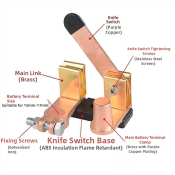 Brass Knife Switch auto akumulatoram, negatīvais pols, 12V/24V, akumulatora termināls, universāls automašīnām un kravas automašīnām