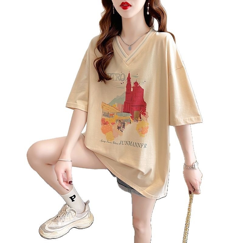 Pamukasto kratkih rukava T-shirt s V-izrezom, slobodan kroj, srednja duljina, 3D uzorak