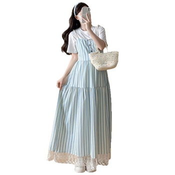 Set maternitate: rochie cu bretele în dungi și tricou de gravide cu guler rotund, mâneci 3/4, bumbac, 50–70% bumbac, 2025