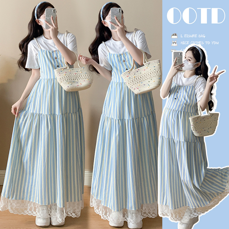 Set maternitate: rochie cu bretele în dungi și tricou de gravide cu guler rotund, mâneci 3/4, bumbac, 50–70% bumbac, 2025