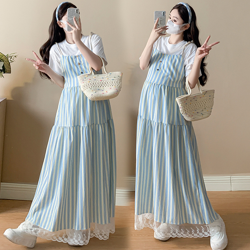 Set maternitate: rochie cu bretele în dungi și tricou de gravide cu guler rotund, mâneci 3/4, bumbac, 50–70% bumbac, 2025