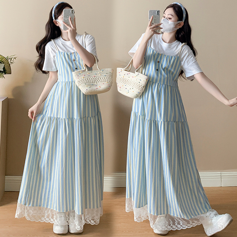 Set maternitate: rochie cu bretele în dungi și tricou de gravide cu guler rotund, mâneci 3/4, bumbac, 50–70% bumbac, 2025