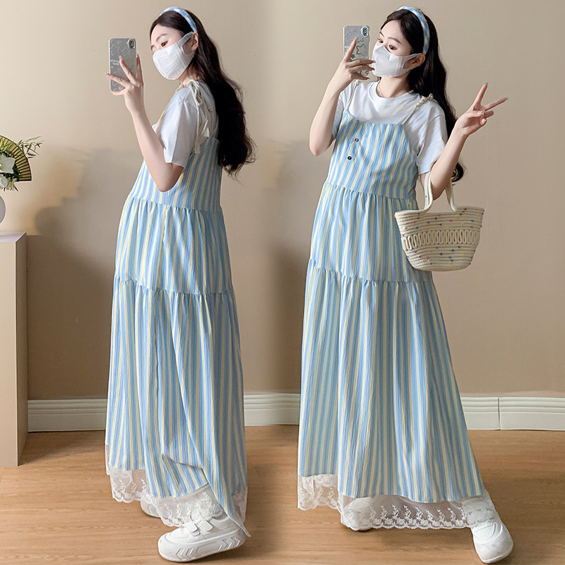 Set maternitate: rochie cu bretele în dungi și tricou de gravide cu guler rotund, mâneci 3/4, bumbac, 50–70% bumbac, 2025