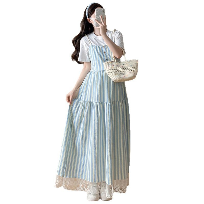 Set maternitate: rochie cu bretele în dungi și tricou de gravide cu guler rotund, mâneci 3/4, bumbac, 50–70% bumbac, 2025