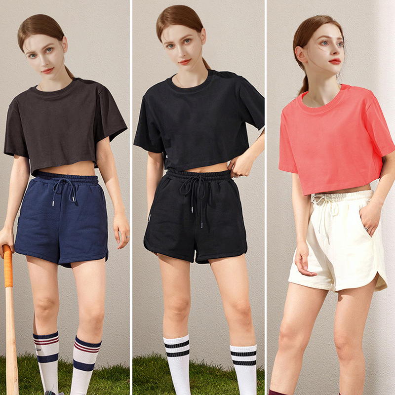 Ženski cropped pamuk kratki rukavi T-shirt s slobodnim krojem, okrugli izrez, 95%+ pamuka, Ljeto 2025