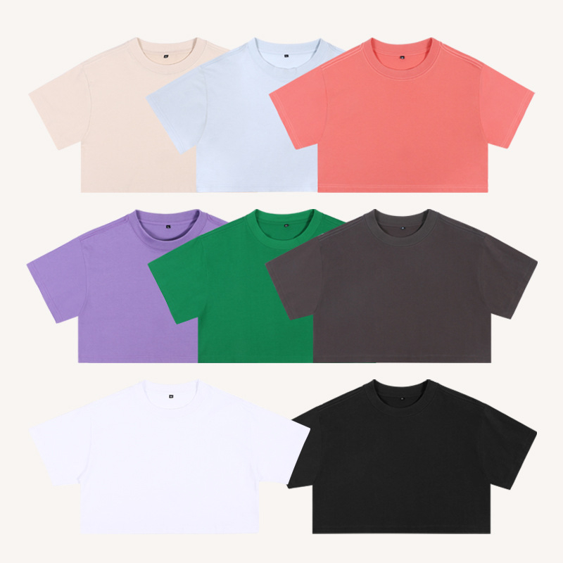 Ženski cropped pamuk kratki rukavi T-shirt s slobodnim krojem, okrugli izrez, 95%+ pamuka, Ljeto 2025