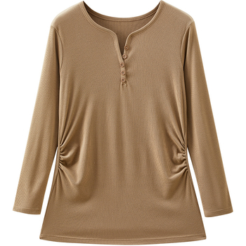 Nėščiųjų terminis pagrindinis marškinėliai su V kaklu ir gobtuvu, ilgomis rankovėmis, laisvas kirpimas, rudens–žiemos 2025. Polietesteris 90–95%, spandexas iki 30%