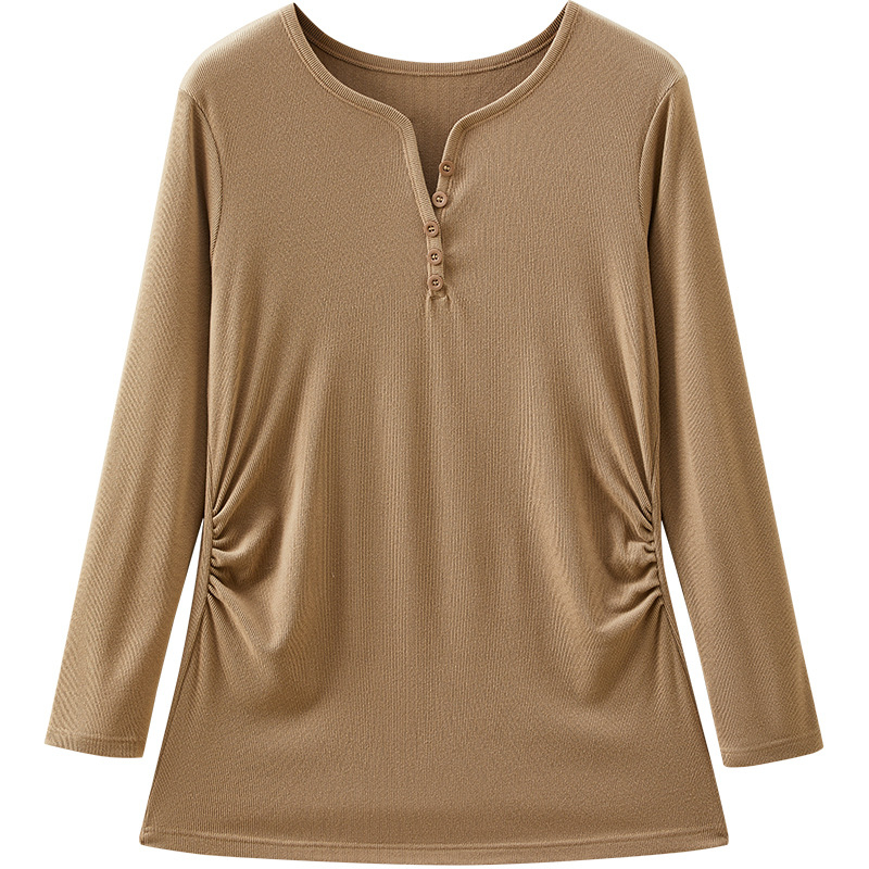 Nėščiųjų terminis pagrindinis marškinėliai su V kaklu ir gobtuvu, ilgomis rankovėmis, laisvas kirpimas, rudens–žiemos 2025. Polietesteris 90–95%, spandexas iki 30%