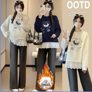 Motinystės palaidinė su gobtuvu; korėjietiško stiliaus, panelinis raštas (medvilnės-elastano mišinys 70-80% medvilnė, <=30% elastanas; ruduo–žiema 2025; ilgos rankovės; apvali kaklo)