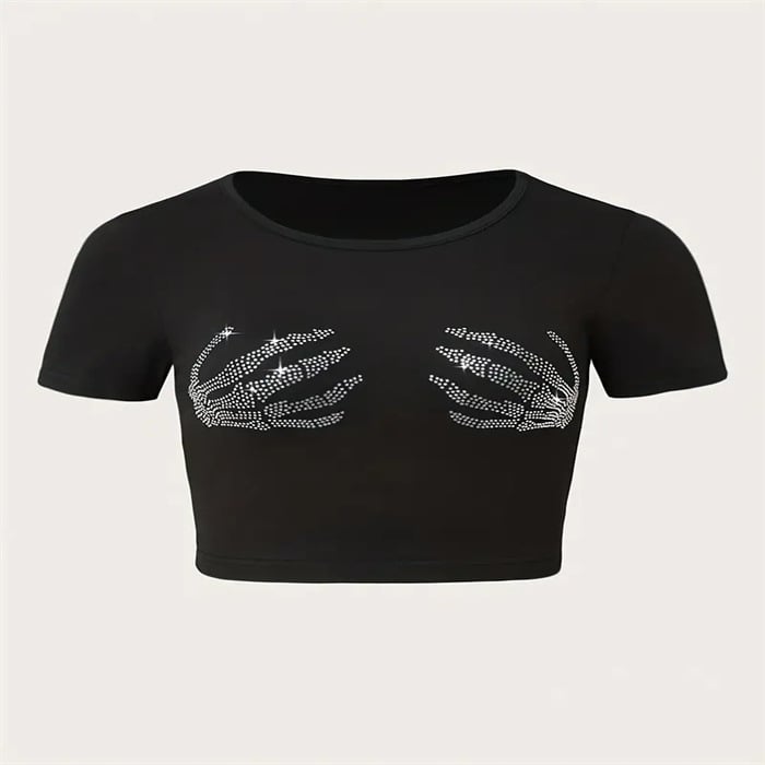 Poliesterska crop majica s 3D printom, kratki rukavi, okrugli izrez, ultra kratka duljina, street hipster stil