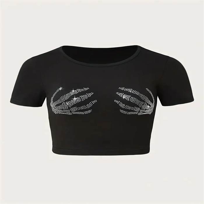 Poliesterska crop majica s 3D printom, kratki rukavi, okrugli izrez, ultra kratka duljina, street hipster stil