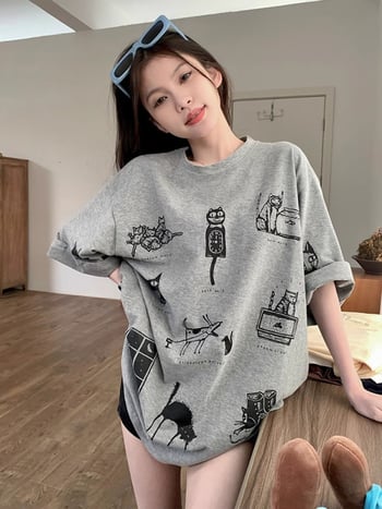 Pamut rövid ujjú póló anime mintával, kerek nyakú