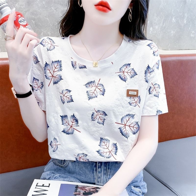 Žensko ljetno T-shirt s kratkim rukavima; milk silk tkanina; poliestersko-spandeks mješavina; print s biljkama i cvijećem; slobodan kroj