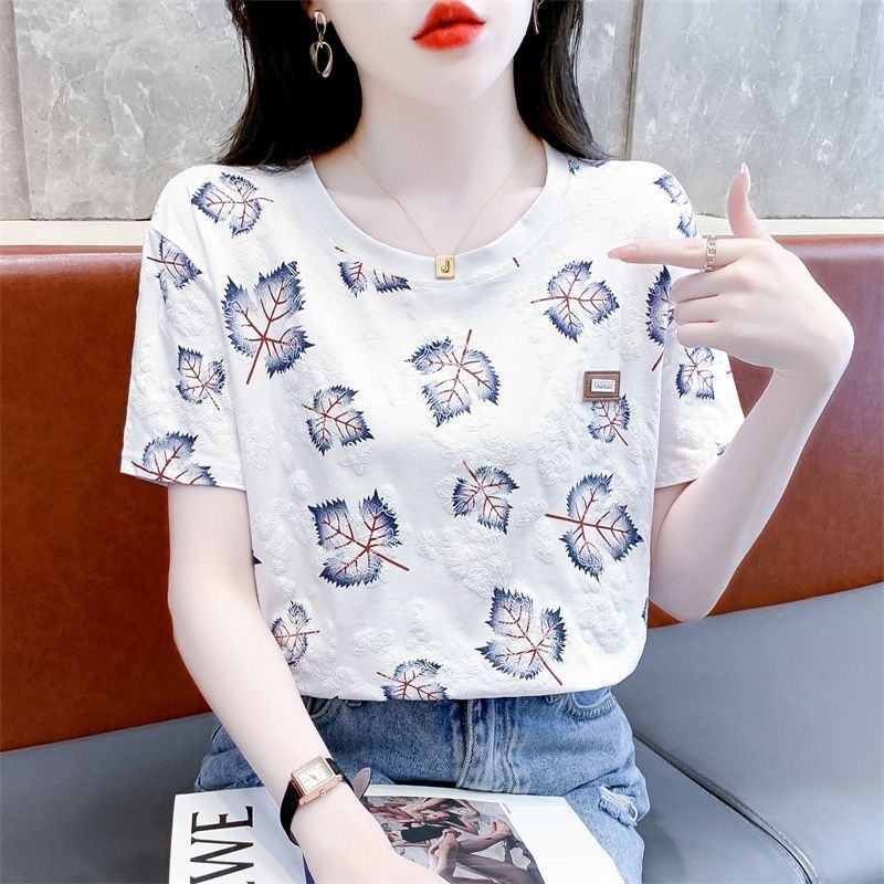 Žensko ljetno T-shirt s kratkim rukavima; milk silk tkanina; poliestersko-spandeks mješavina; print s biljkama i cvijećem; slobodan kroj