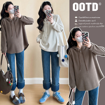 Nėščiųjų su gobtuvu marškiniai su V formos kaklu, medvilnė, ilgos rankovės, laisvas kirpimas, korėjietiškas laisvas stilius