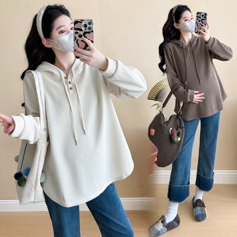 Nėščiųjų su gobtuvu marškiniai su V formos kaklu, medvilnė, ilgos rankovės, laisvas kirpimas, korėjietiškas laisvas stilius