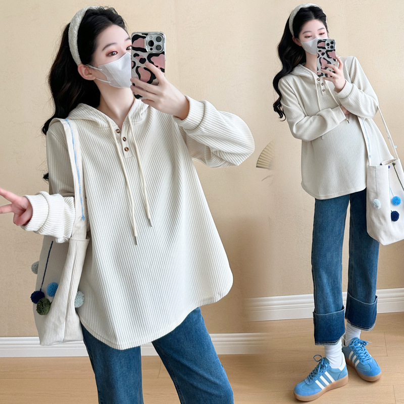 Nėščiųjų su gobtuvu marškiniai su V formos kaklu, medvilnė, ilgos rankovės, laisvas kirpimas, korėjietiškas laisvas stilius