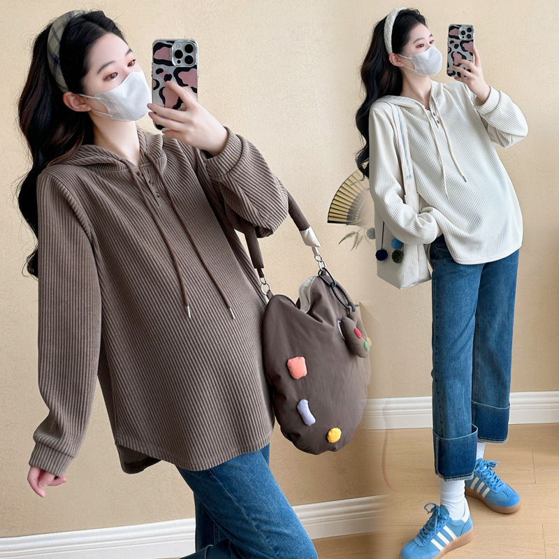 Nėščiųjų su gobtuvu marškiniai su V formos kaklu, medvilnė, ilgos rankovės, laisvas kirpimas, korėjietiškas laisvas stilius