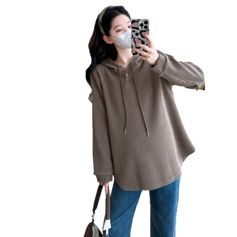 Nėščiųjų su gobtuvu marškiniai su V formos kaklu, medvilnė, ilgos rankovės, laisvas kirpimas, korėjietiškas laisvas stilius