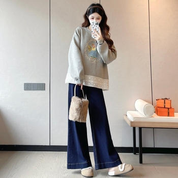 Nėštumo džemperis su medvilnės fliso įdėklu, korėjietiškas stilius, ilgos rankovės, aukštas kaklas