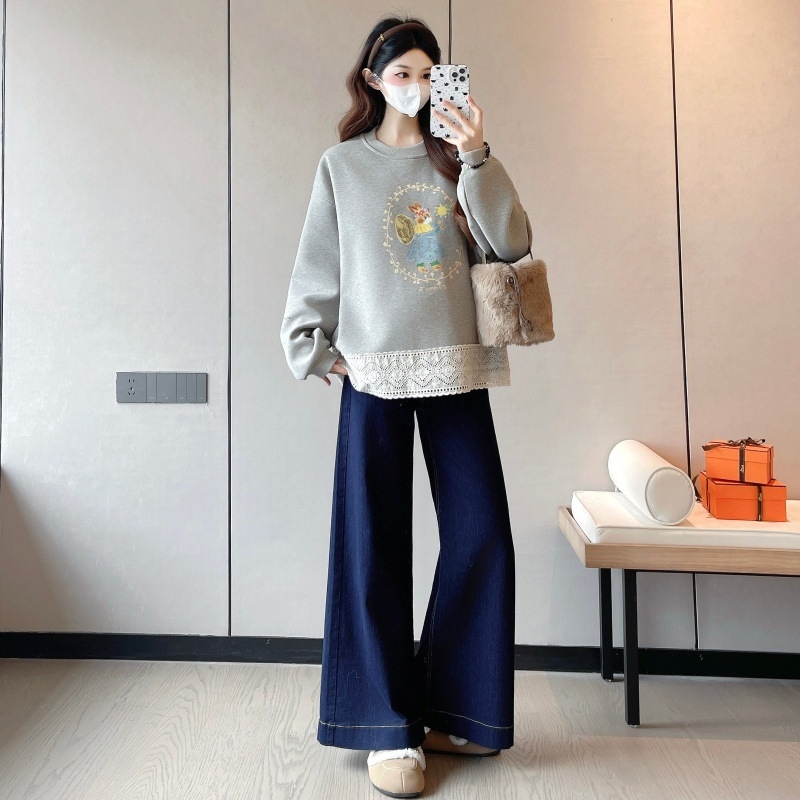 Nėštumo džemperis su medvilnės fliso įdėklu, korėjietiškas stilius, ilgos rankovės, aukštas kaklas