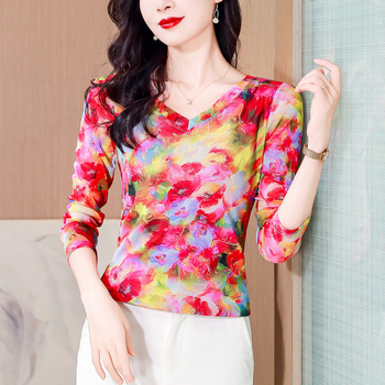 Garām piedurknēm režģa tops ar drukas rakstu, V-veida kakls, šaurs siluets, japāņu/korejiešu brīvā laika stils