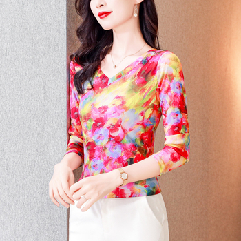 Garām piedurknēm režģa tops ar drukas rakstu, V-veida kakls, šaurs siluets, japāņu/korejiešu brīvā laika stils