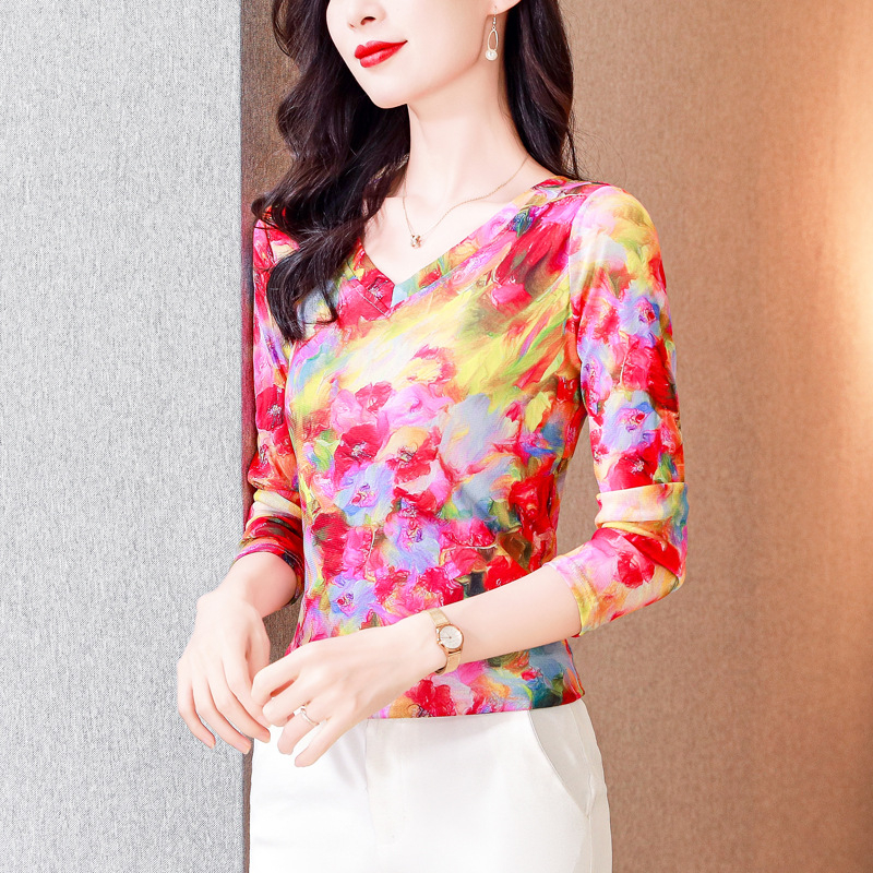 Garām piedurknēm režģa tops ar drukas rakstu, V-veida kakls, šaurs siluets, japāņu/korejiešu brīvā laika stils