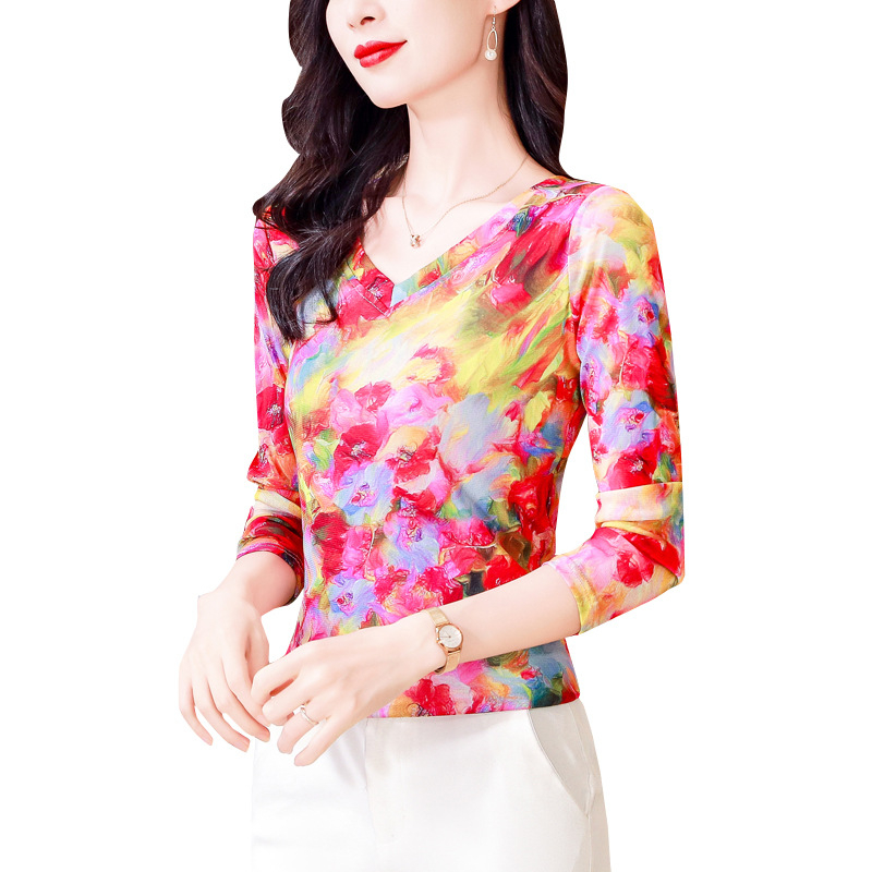 Garām piedurknēm režģa tops ar drukas rakstu, V-veida kakls, šaurs siluets, japāņu/korejiešu brīvā laika stils