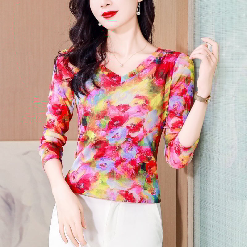 Garām piedurknēm režģa tops ar drukas rakstu, V-veida kakls, šaurs siluets, japāņu/korejiešu brīvā laika stils