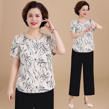 Ženska majica s floralnim tie-dye uzorkom, kratki rukav, okrugli izrez, slobodan kroj, tkanina spandeks-poliester