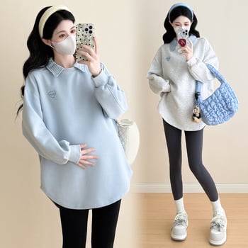 Nėščiųjų laisvo kirpimo T‑marškinėliai su gobtuvu ir siuvinėjimu, medvilnė, ilgomis rankovėmis