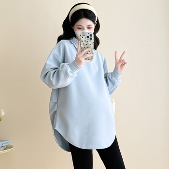 Nėščiųjų laisvo kirpimo T‑marškinėliai su gobtuvu ir siuvinėjimu, medvilnė, ilgomis rankovėmis