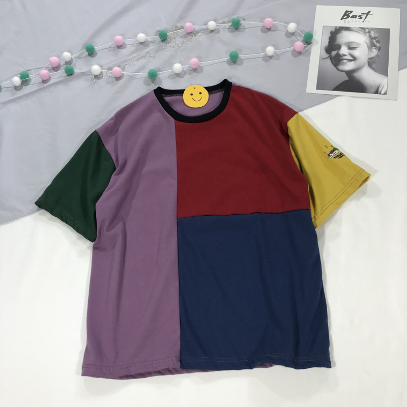 T-shirt s geometrijskim vezom, pamuk, kratki rukav, okrugli izrez, Harajuku stil
