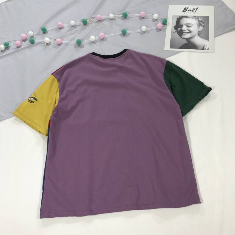 T-shirt s geometrijskim vezom, pamuk, kratki rukav, okrugli izrez, Harajuku stil