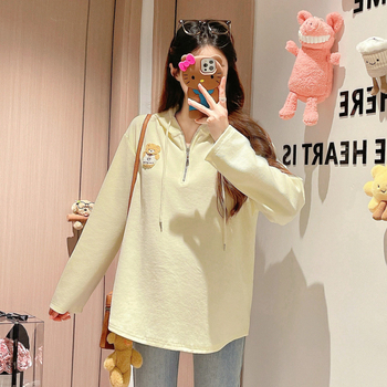 Nėščiųjų su gobtuvu marškinėliai - 95% medvilnė, karikatūrų raštas, ilgomis rankovėmis, įprastas kirpimas