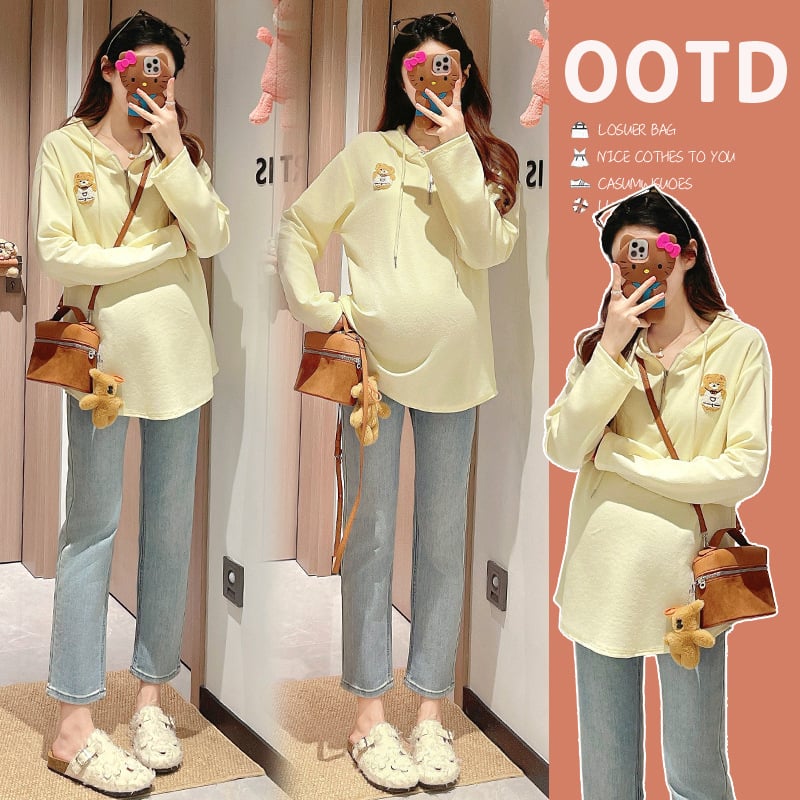 Nėščiųjų su gobtuvu marškinėliai - 95% medvilnė, karikatūrų raštas, ilgomis rankovėmis, įprastas kirpimas