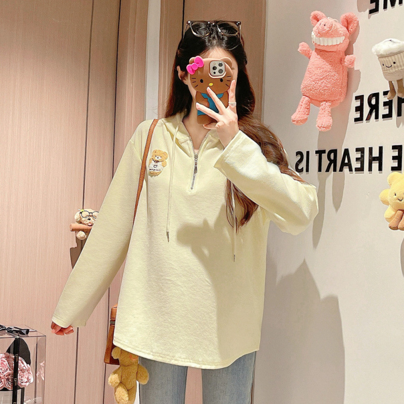 Nėščiųjų su gobtuvu marškinėliai - 95% medvilnė, karikatūrų raštas, ilgomis rankovėmis, įprastas kirpimas