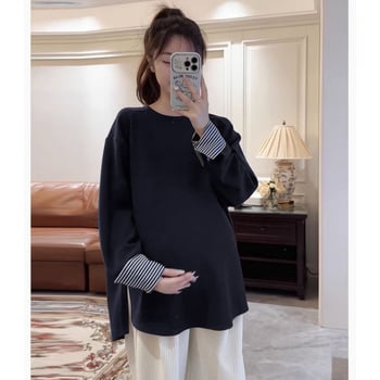 Nėščiųjų palaidinė su gobtuvu, ilgomis rankovėmis, polo apykaklė, dryžuotais rankovių paneliais, medvilnės-poliesterio audinys, laisvas kirpimas, vidutinio ilgio